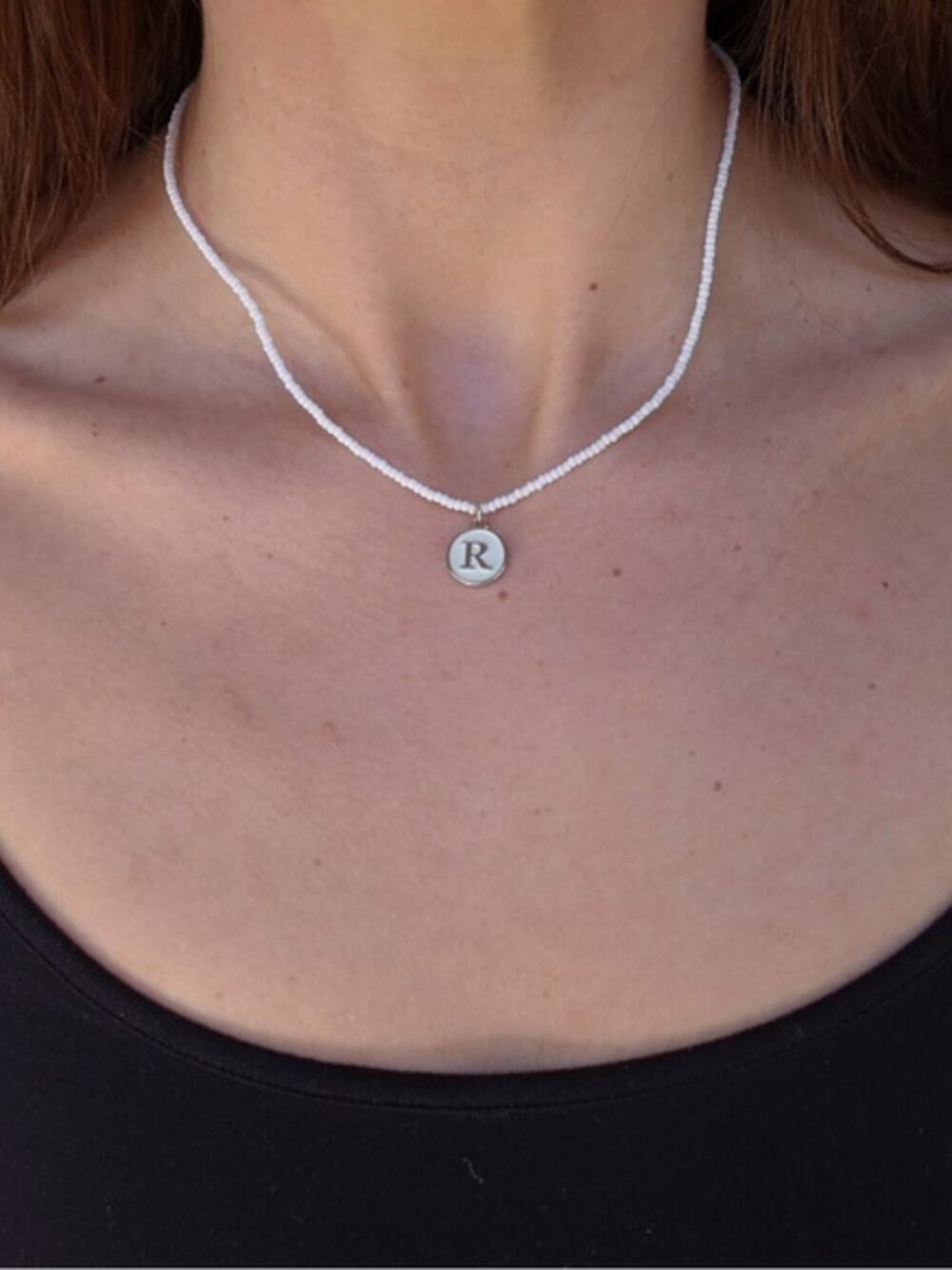 White Beaded Initial Necklace “R” | Minimalist Letter Charm